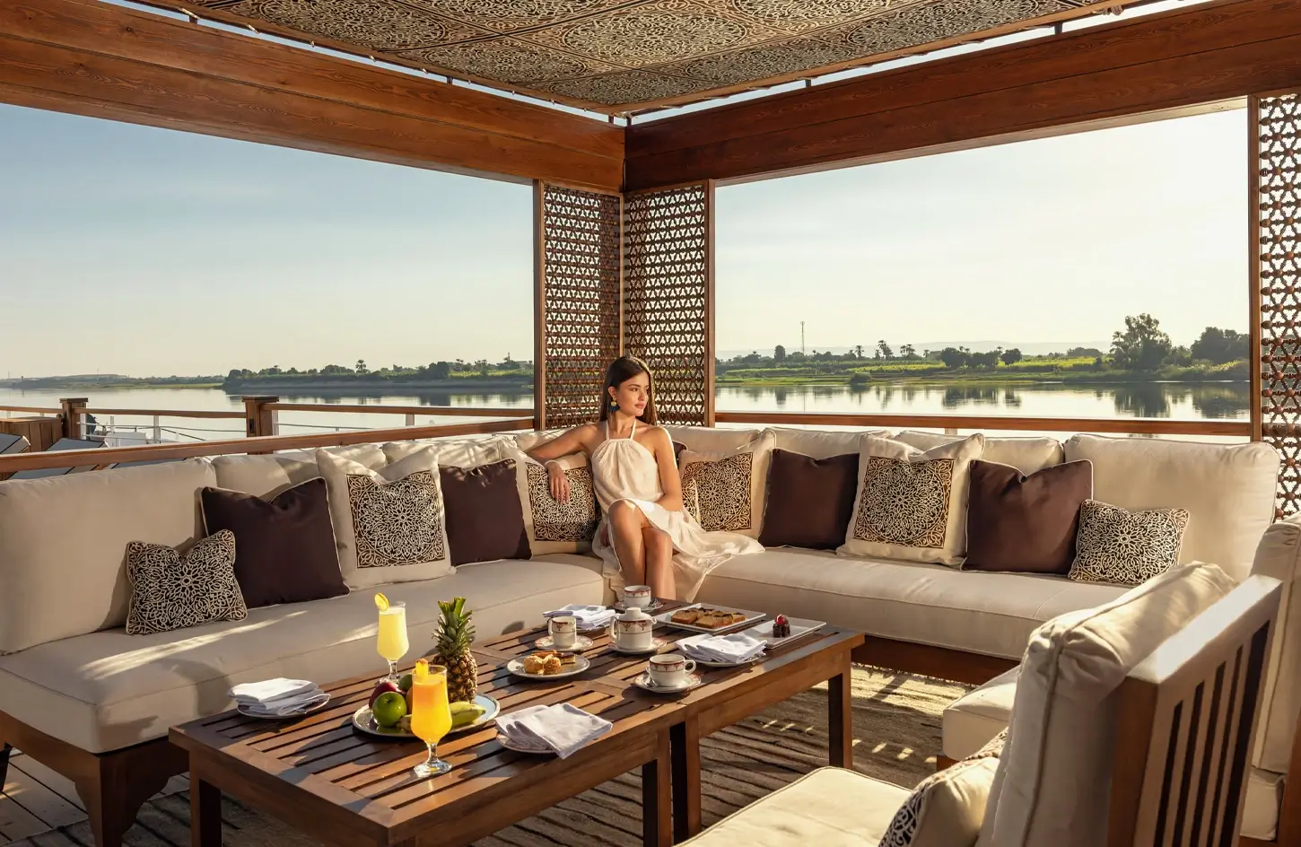 Girl sitting inside one of the Nile cruise ships